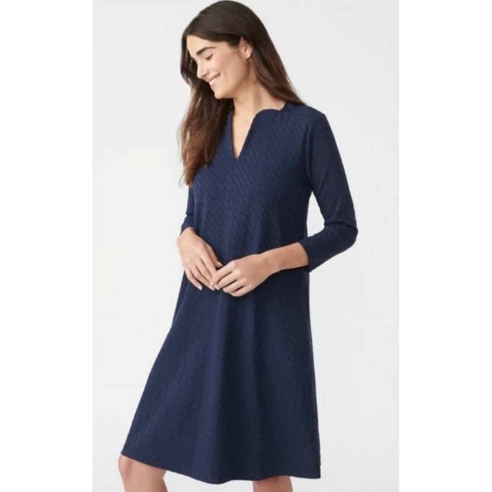 J.Mclaughlin Octavia Dress Fernwood Geo Jacquard Navy Blue Textured Split Neck M
